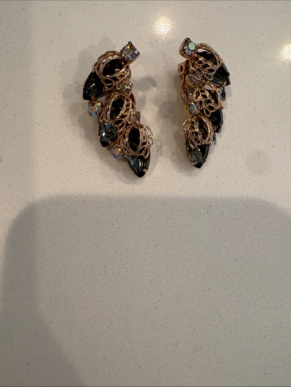 Vintage Gold-Tone Green Crystal Leaf Clip-On Earrings